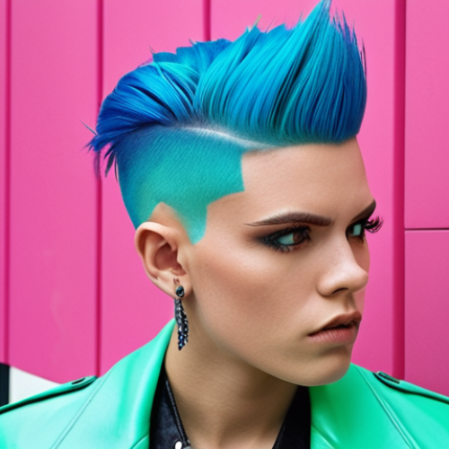 Home 4 **Image Prompt 1:** A confident individual, gender-neutral, with a vibrant and uniquely styled haircut directly inspired by the bold, artistic aesthetics of "Brad's Barbershop" animated characters. The hair features asymmetrical cuts, sharp lines, and striking, unconventional colors like electric blue, neon pink, or bright green, signifying personal expression and breaking fashion norms. The person has a modern, stylish appearance, in a contemporary urban setting. Emphasize high fashion photography, sharp focus, and a playful yet strong attitude.