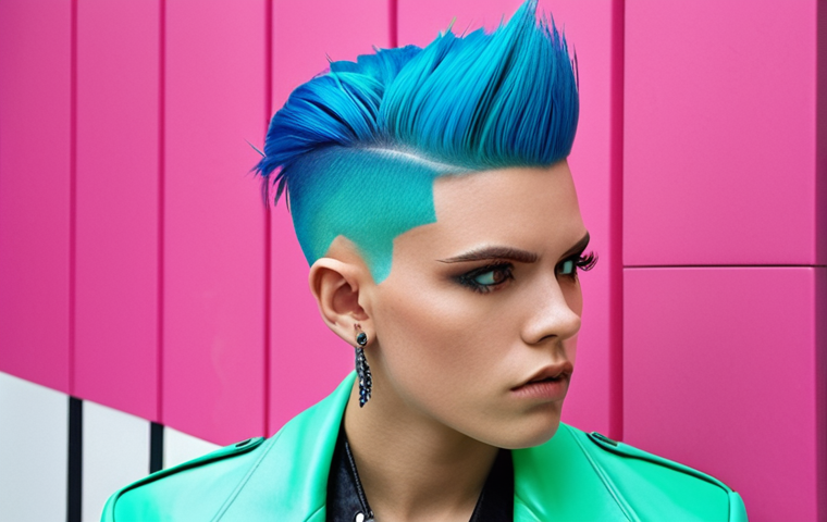 **Image Prompt 1:** A confident individual, gender-neutral, with a vibrant and uniquely styled haircut directly inspired by the bold, artistic aesthetics of "Brad's Barbershop" animated characters. The hair features asymmetrical cuts, sharp lines, and striking, unconventional colors like electric blue, neon pink, or bright green, signifying personal expression and breaking fashion norms. The person has a modern, stylish appearance, in a contemporary urban setting. Emphasize high fashion photography, sharp focus, and a playful yet strong attitude.